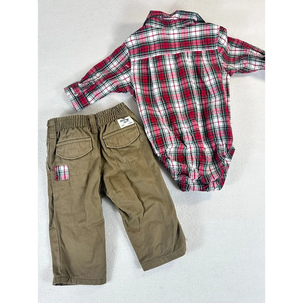 OshKosh Bgosh Baby Boy 6M Plaid Bodysuit and Khaki Cargo Pants Outfit Set Rd Grn